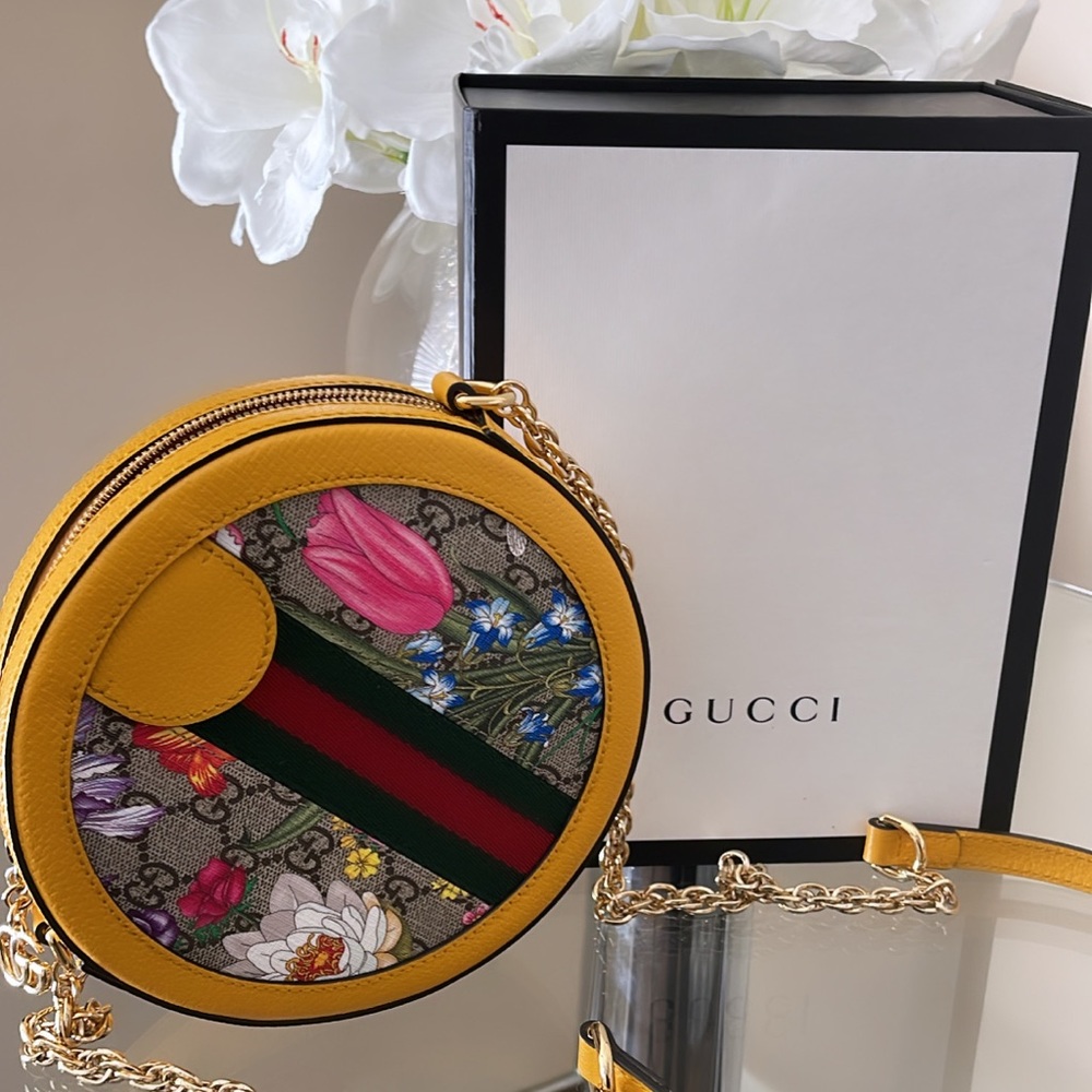 Gucci Yellow Floral GG Supreme Round Crossbody Bag